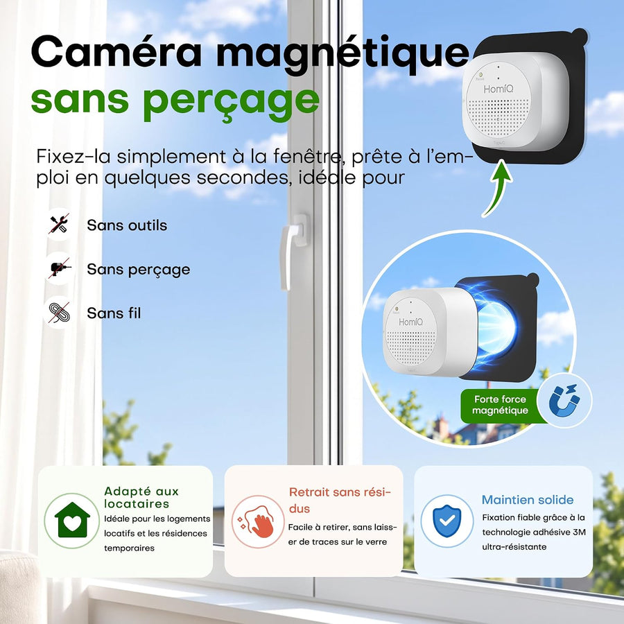 Caméra de Surveillance 3MP 2K, Vision Nocturne Couleur, sans Perçage Magnétique Camera Interieur Fenêtre Wi-Fi, Antireflet, Enregistrement 24/7, Détection Mouvement