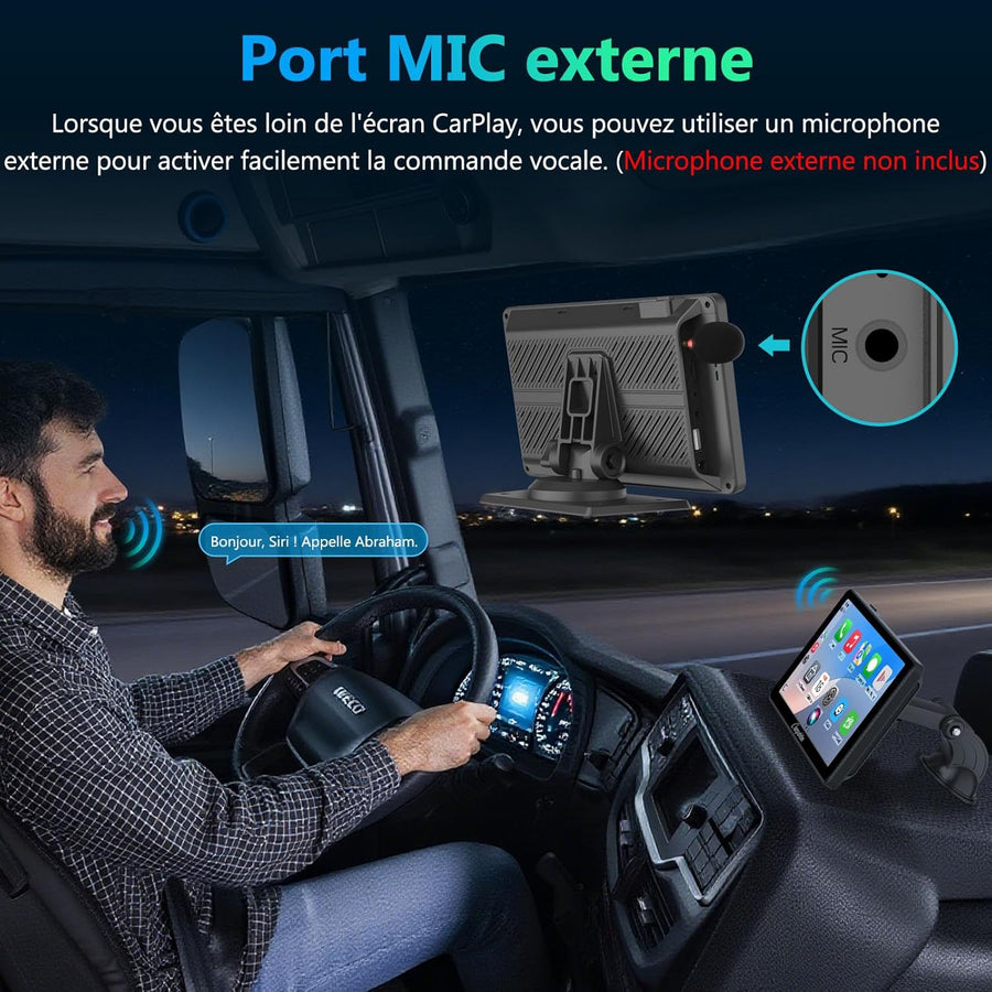 Écran Carplay Portable, Carpuride V3R sans il Airplay&Android Auto, écran Tactile HD 1080P 7 Pouces avec caméra de recul 720P réelle/BT 5.0/Mirror Link/Lecture USB/Puce de réduction du Bruit AUX