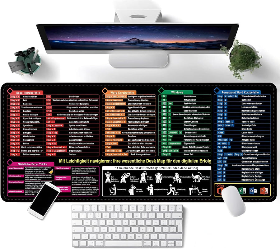 Grand tapis de souris - Ecriture allemand - Raccourcis clavier - Bureau Travail 30x79cm
