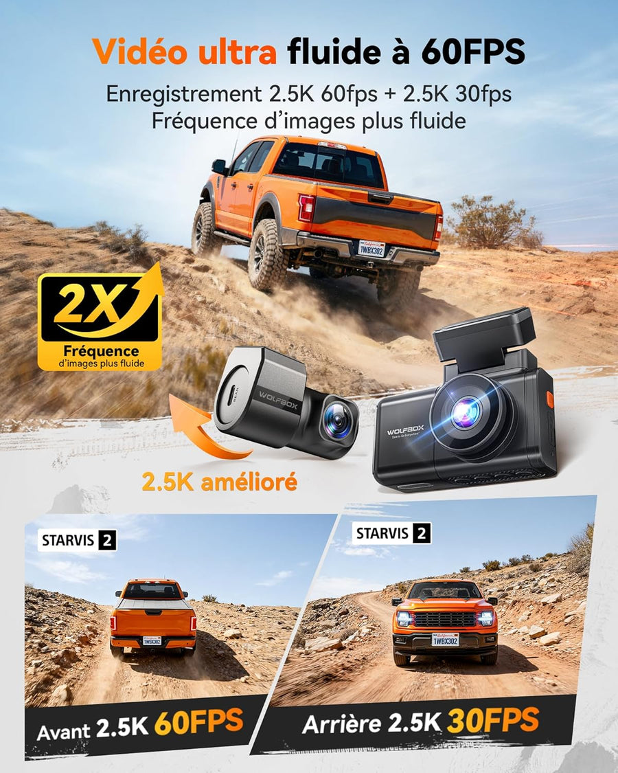 WOLFBOX X3 PRO Caméra embarquée pour voiture 1440P 60 fps + 1440P ADAS Caméra avant arrière Dual Starvis 2 IMX 675, stabilisation d'image avec WiFi 5,8 GHz, carte 64 Go et GPS inclus, commande vocale