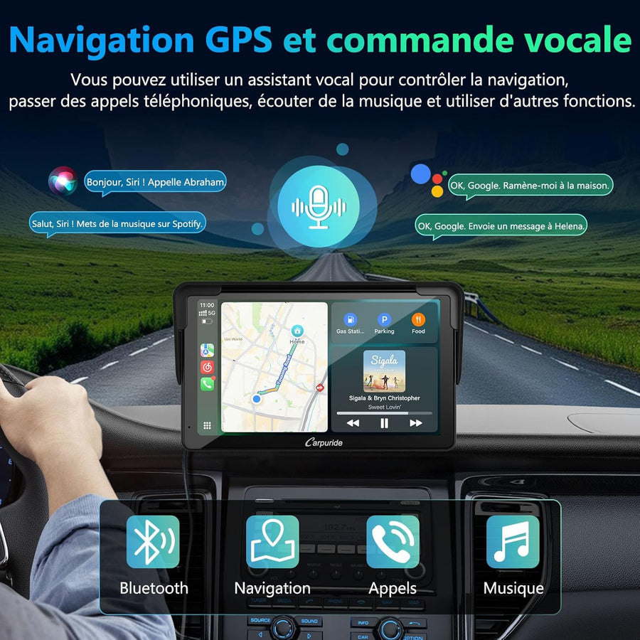 Écran Carplay Portable, Carpuride V3R sans il Airplay&Android Auto, écran Tactile HD 1080P 7 Pouces avec caméra de recul 720P réelle/BT 5.0/Mirror Link/Lecture USB/Puce de réduction du Bruit AUX