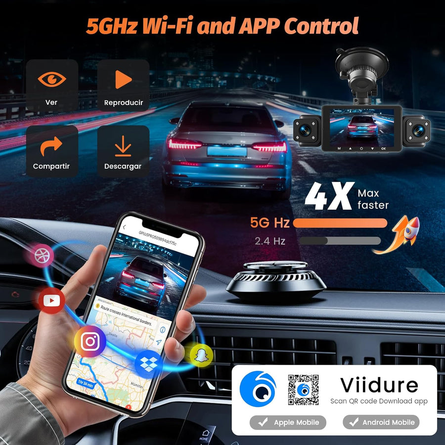 Dashcam Voiture Avant Arrière 1080P, 5GHz WiFi Caméra Embarquée Voiture avec Carte SD 64G, Écran IPS de 3″, Vision Nocturne, Capteur G, Enregistrement en Boucle, Grand Angle 170°