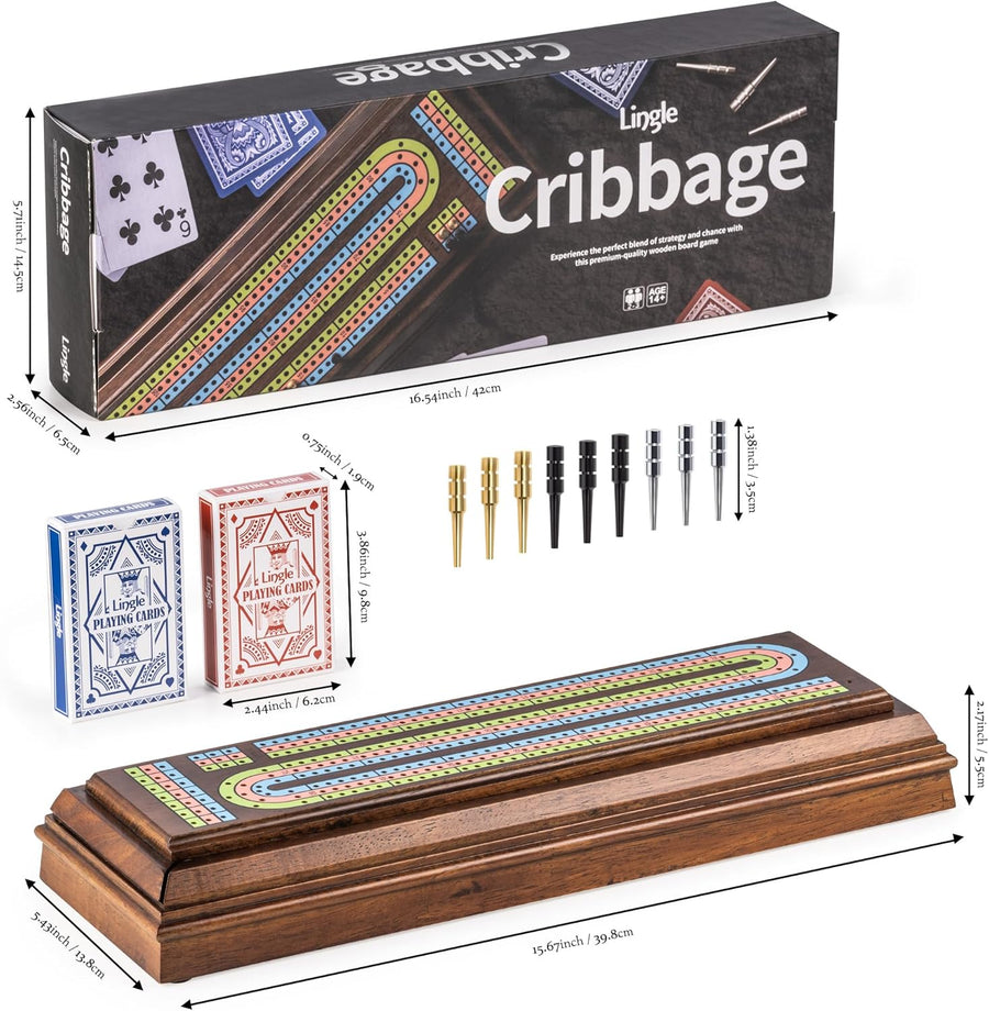 Jeu de cribbage haut de gamme en bois de 40 cm avec 9 pions métalliques, plateau à 3 pistes continues, 2 jeux de cartes et grand rangement, jeu de cribbage classique portable pour les voyages