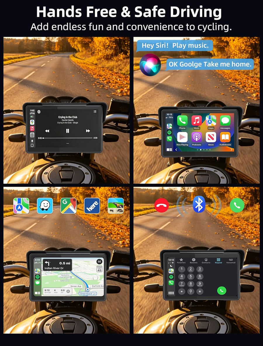 Carplay Moto 7 Pouces avec 2 Méthodes d'alimentation, GPS Moto Android Auto avec écran de Moto étanche 2,5D IPS, Double Assistant Bluetooth