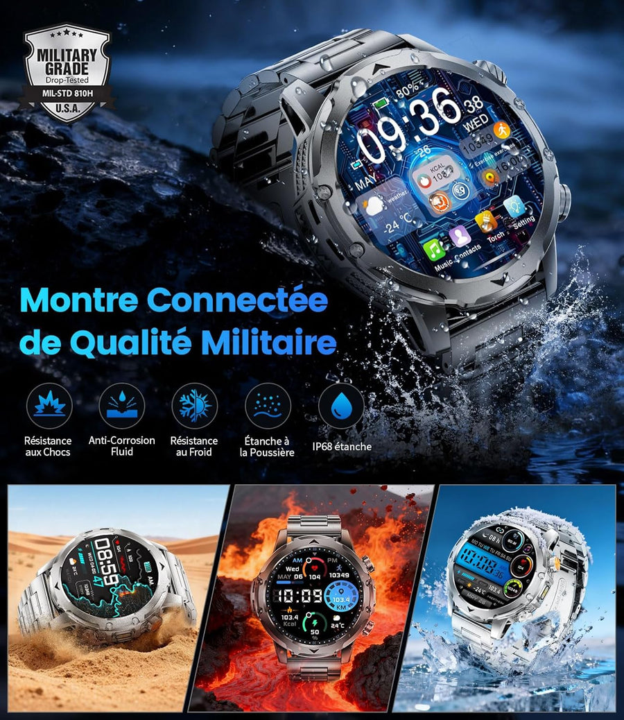 Montre Connectée Homme avec Appel Bluetooth, 1.53" HD AMOLED Smartwatch avec Batterie 1000 mAh(60+Standby Zeit)/Lampe de Poche/120+ Sportifs/Sommeil, IP68, Fitness Montre Connecté iOS Android