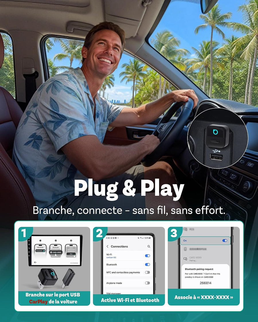 Mini Pico, Mini Cube Adaptateur CarPlay Sans Fil & Android Auto Plug & Play, WiFi 6, Bluetooth 5.4, Connexion Auto 5–8 s, Changement entre 2 Téléphones en un Clic