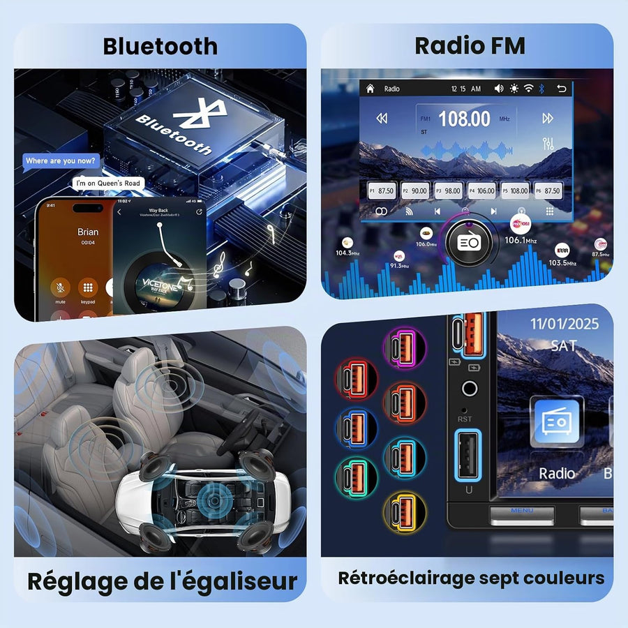 Ecran 2Din Autoradio avec Carplay sans Fil Android Auto, 7 Pouces Touches Piano 2 Din Écran Tactile Radio Voiture avec Bluetooth, Radio FM, EQ, Vidéo en Ligne, Mirror Link, USB/AUX/Type-C, SWC