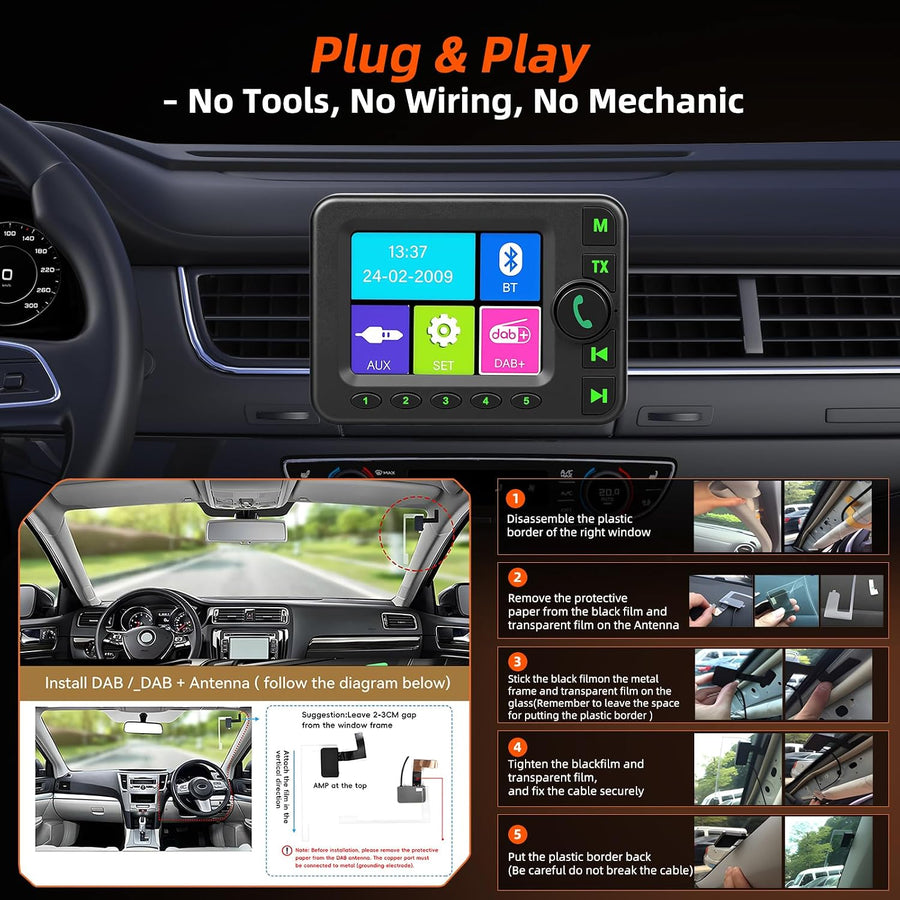 Adaptateur Dab pour Autoradio, Plug&Play Adaptateur Dab+ Voiture Récepteur DAB Portable avec Bluetooth Mains Libres, Emetteur Bluetooth pour Voiture avec Ecran LCD 2,8 Pouces, AUX et USB