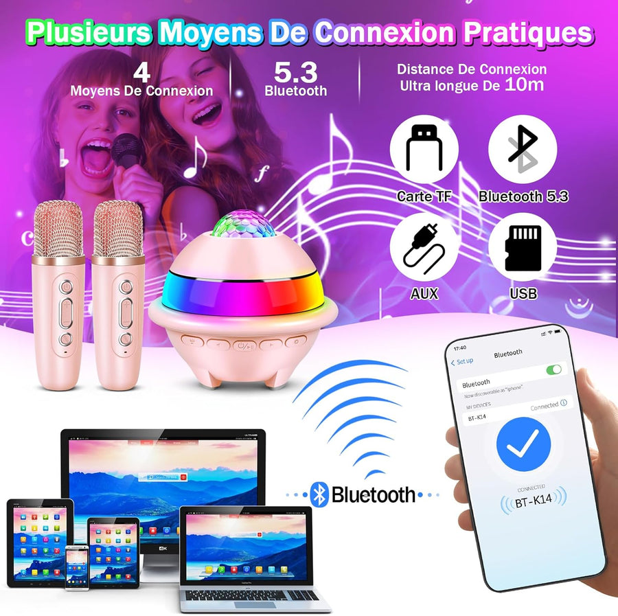 Micro Karaoke Enfant avec Lumineux LED Disco, Enfant Enceinte Karaoké Portable avec 2 Microphone sans Fil Bluetooth, Micro Enfant pour Chanter