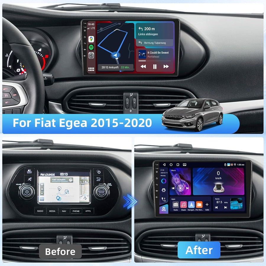 Autoradio 4G+64G pour Fiat Egea 2015 - 2020 Wireless Carplay&Android Auto, 9'' IPS Touch Screen Radio Voiture avec Bluetooth 5.0/GPS/Caméra de recul/FM/WiFi/SWC