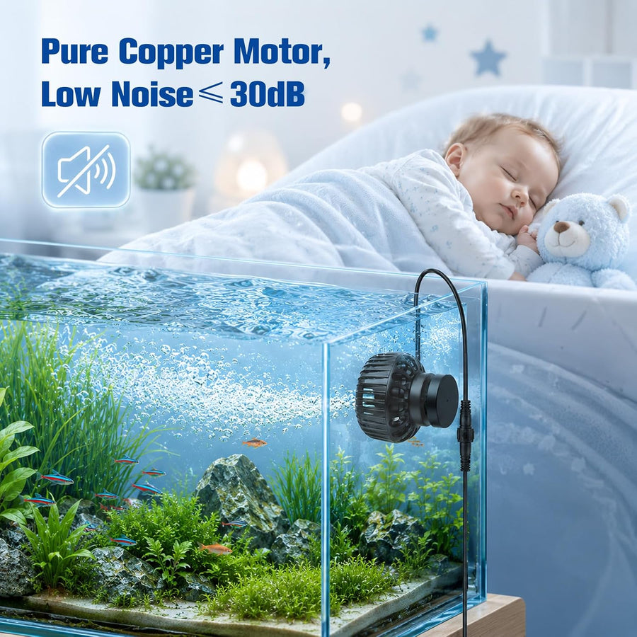 Mini Pompe à Vagues 8000L/H, 10W Pompe de Brassage pour Aquarium Wavemaker avec 4 Modes et 10 Niveaux Réglables, Orientable à 360°, pour Aquarium 70-350L Eau Douce et Salée