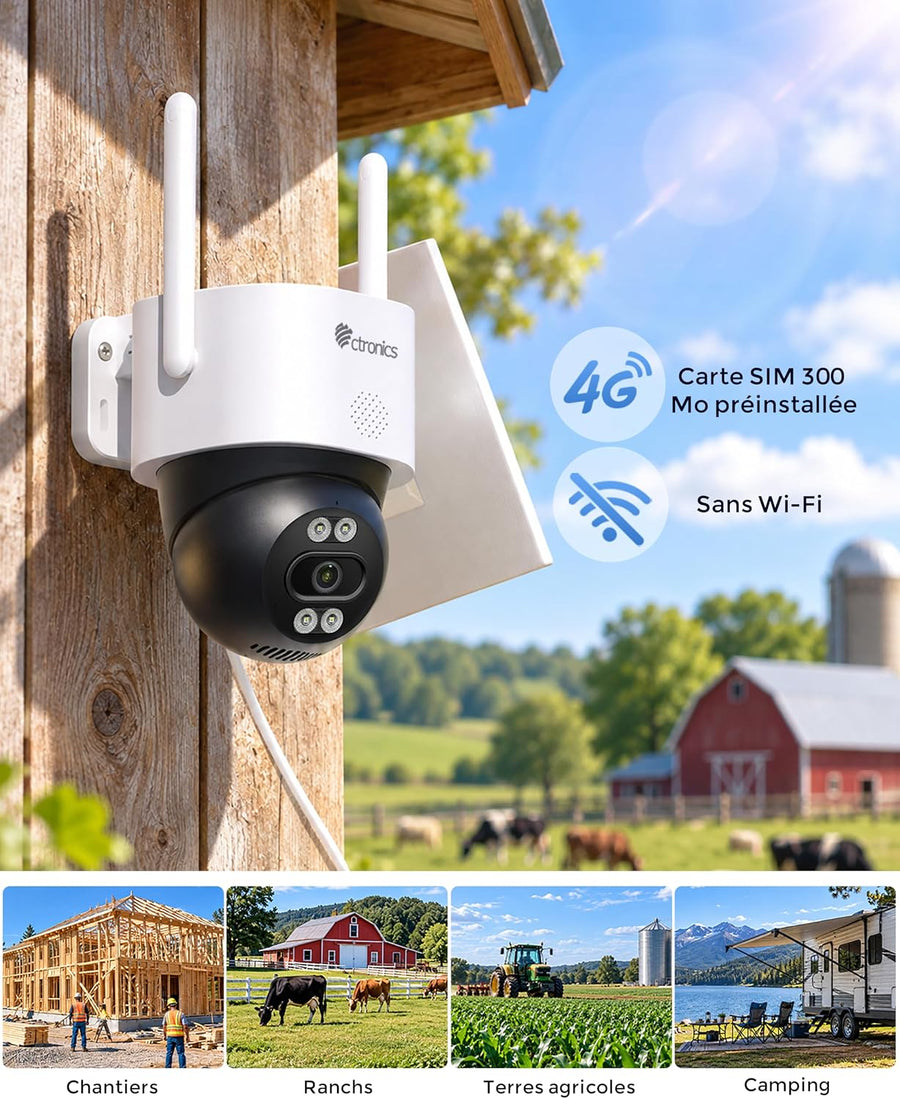 Ctronics AOV 3K Caméra de Surveillance 4G Solaire Exterieur Sans Fil,IP66 Enregistrement 24/7,Suivi Auto ,Détection Humaine 30m, 14400mAh,Panneau 6W, Farb/IR Nachtsicht,TF 128 Go / Cloud / FTP
