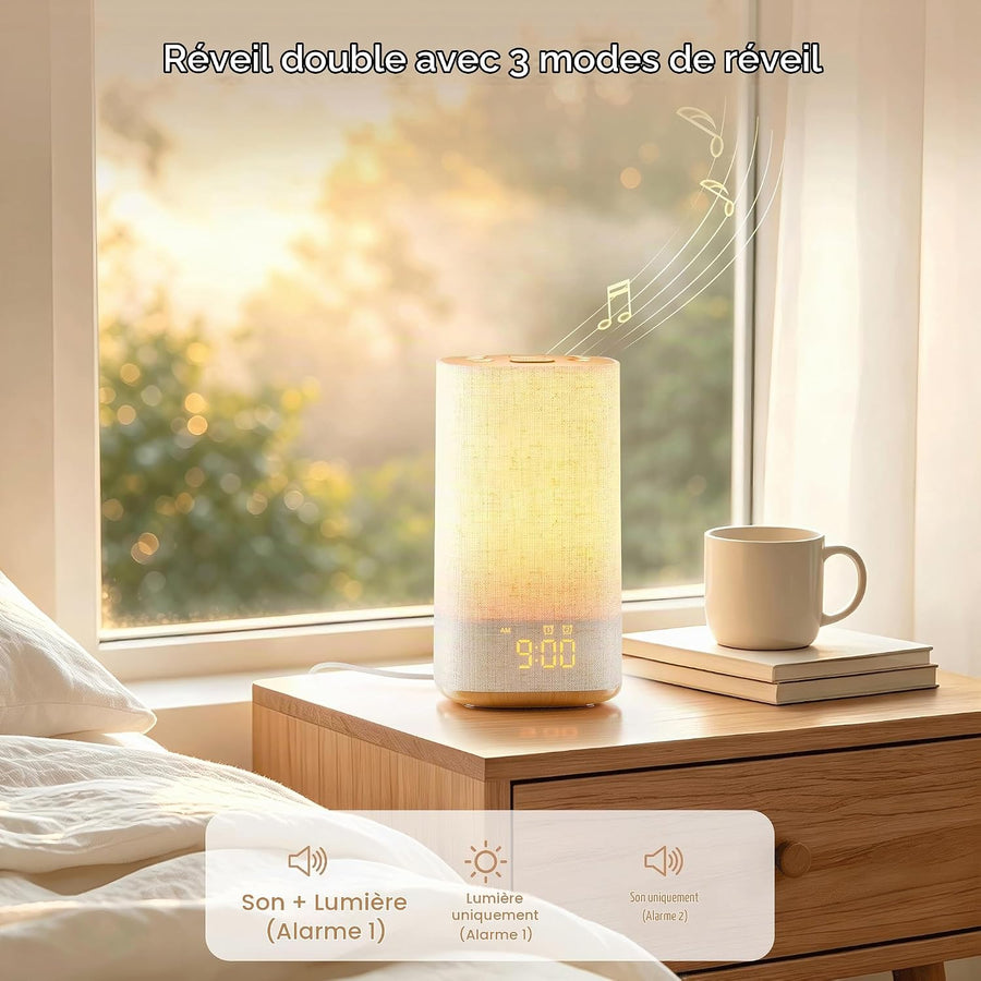 Réveil Simulateur d’Aube, Lampe de Chevet avec Horloge Numérique, 2 Réveils Réveil Lumineux, Lumière rouge 625 nm, 20 Sons Apaisants, Veilleuse 0–100% réglable pour Chambre et Chambre d'Enfant
