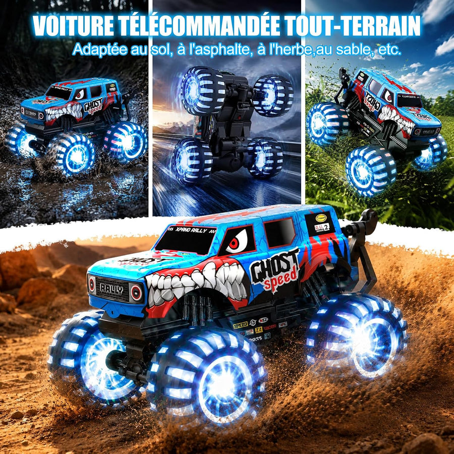 Monster Truck Dinosaure avec pneus lumineux, rotation à 360° et marche 100 min de temps de jeu, 1/20 monstertruck télécommandé avec musique, voiture télécommandée Dino 2,4 GHz à partir de 3 ans