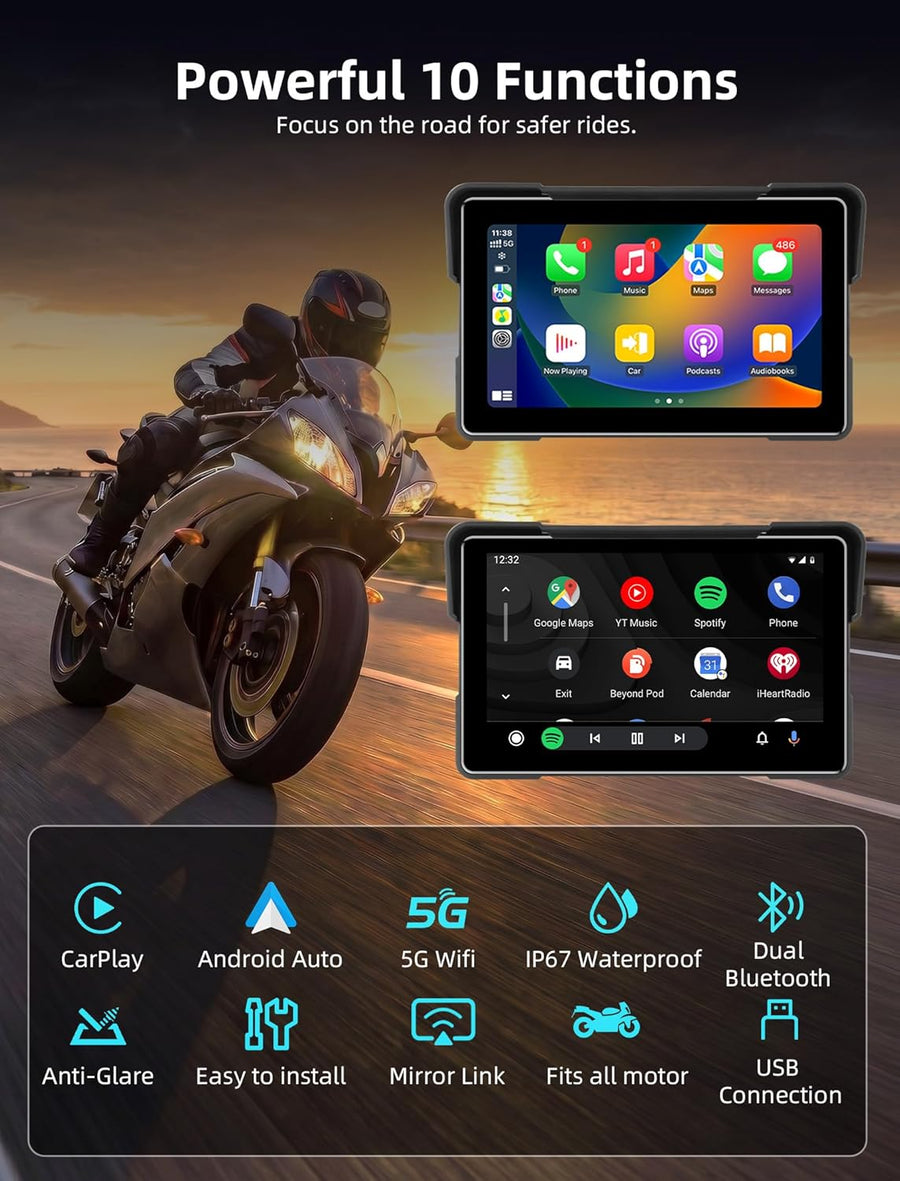 Carplay Moto 7 Pouces avec 2 Méthodes d'alimentation, GPS Moto Android Auto avec écran de Moto étanche 2,5D IPS, Double Assistant Bluetooth