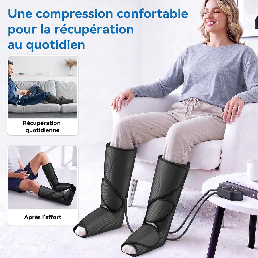 Bottes Pressothérapie, Circulation Sanguine Soulage la Douleur Pressothérapie pour mollets pieds jambes, réduisant les gonflements, 3 intensités et 2 sangles d'extension