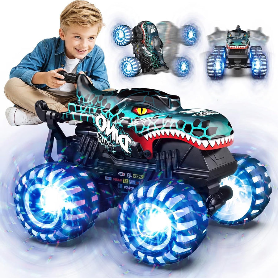 Voiture télécommandée, monstertruck télécommandée avec pneus lumineux et Monster Truck 2,4 GHz avec rotation à 360° et marche verticale, temps de jeu 100 min, jouet dinosaure 1/20 à partir de 3, 4