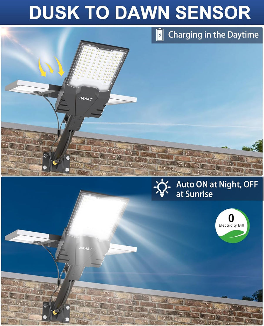 Lampadaires solaires d'extérieur, 6500 K ultra grands feux de stationnement commerciaux du crépuscule à l'aube, lampes de sécurité étanches IP67 à énergie solaire