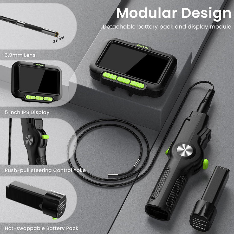Caméra Endoscopique Articulée 210° Rotation Bidirectionnelle, Endoscope Industriel avec Lumière, Sonde 3.9mm, Tube Auto-Réinitialisable 1m, Écran IPS 5" Caméra d'Inspection