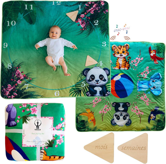 Tapis Jeux Bebe Recto/Verso Couverture Etape Bébé 120x120cm Indicateurs d'Âge en Bois Inclus Couleurs Éclatantes Animaux