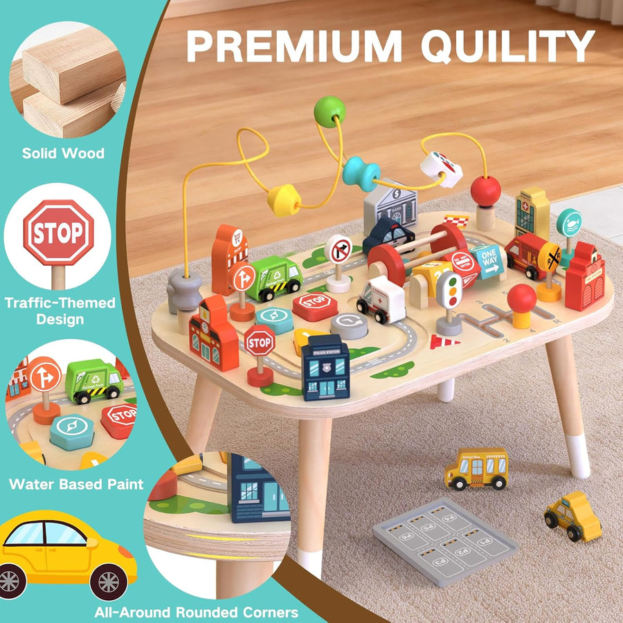 Table d’activités pour bébé de 1 an, table sensorielle en bois avec labyrinthe de perles, formes à trier et circuit de train, jouet Montessori ferme, jouet éducatif