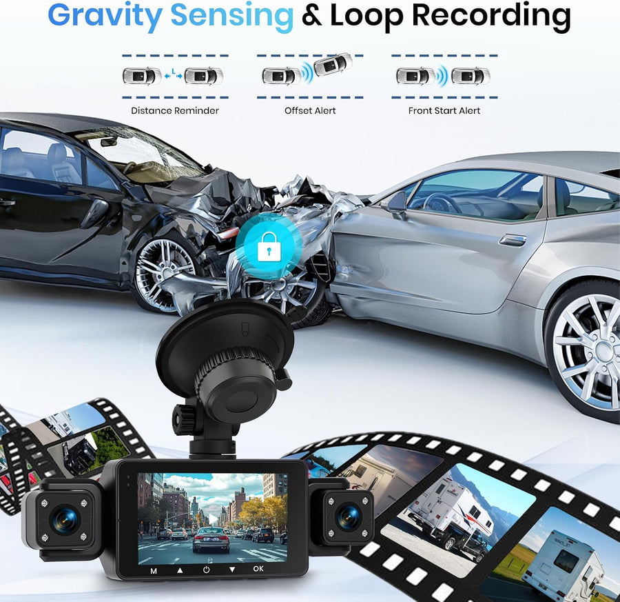 Dashcam Voiture 360° avec 5GHz WiFi, 4 Caméras Avant Arrière Intérieur Gauche, Nachtsicht Ohne Licht, Écran Tactile IPS 3", Enregistrement en Boucle, Capteur G,Contrôle Via Application