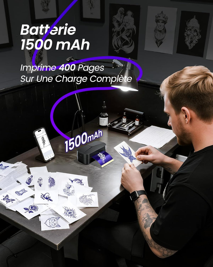 Mini Thermocopieur Tatouage pour Les Bras, Livré Avec 30 Feuilles de Papier Transfert 80x133 mm Idéal pour Les Petits Projets Créatifs, Imprimante Tatouage Bluetooth Compatible iPhone et iPad