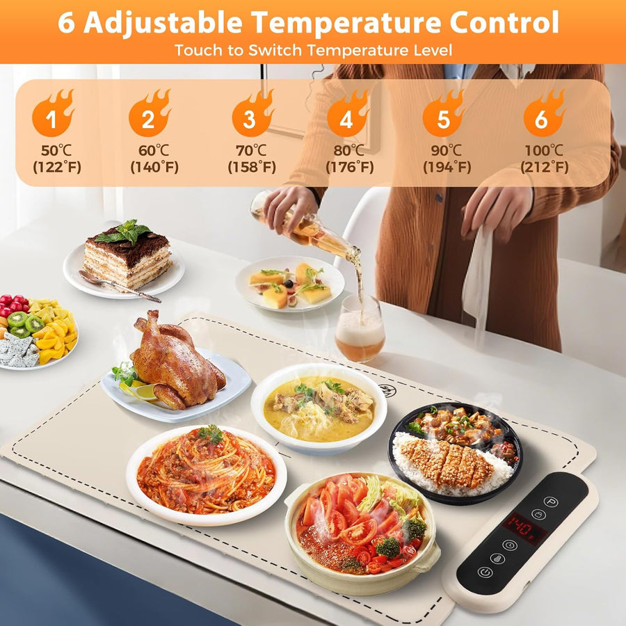 Chauffe Plat Electrique, Plaque Chauffante Electrique avec 6 Niveaux Temp., Minuteur de 4 Heures, Plaque Chauffante Pliable Flexible, 61x40cm