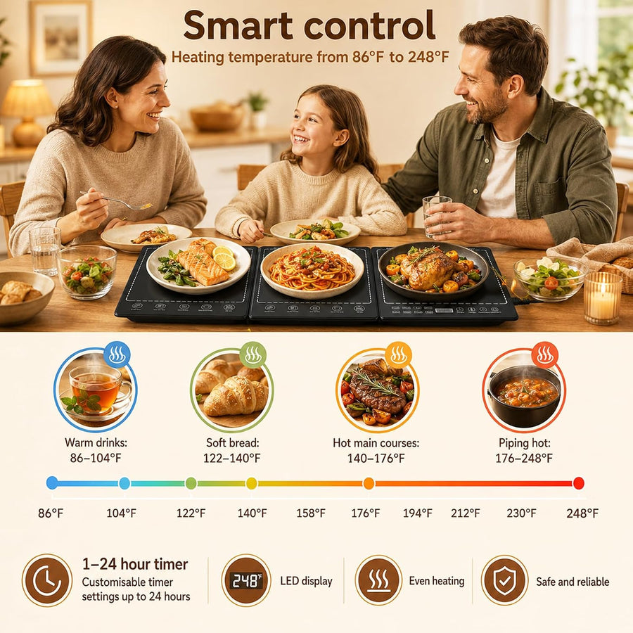 Chauffe-Plat Électrique Pliable en Verre,3-in-1 Chauffante Pliable avec Températures Réglables 30-120℃ et Minuteur 1-24H, Chauffe Plat Electrique Buffet pour Buffets Fête, Voyag Réunions
