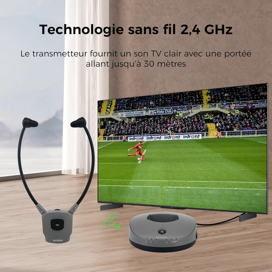 Casque sans Fil pour Regarder la Télévision – Seniors ou Perte Auditive, Portée 30 m, Clarté des Tons, Équilibre Gauche-Droite, 2,4 GHz, Optique/RCA/3,5 mm