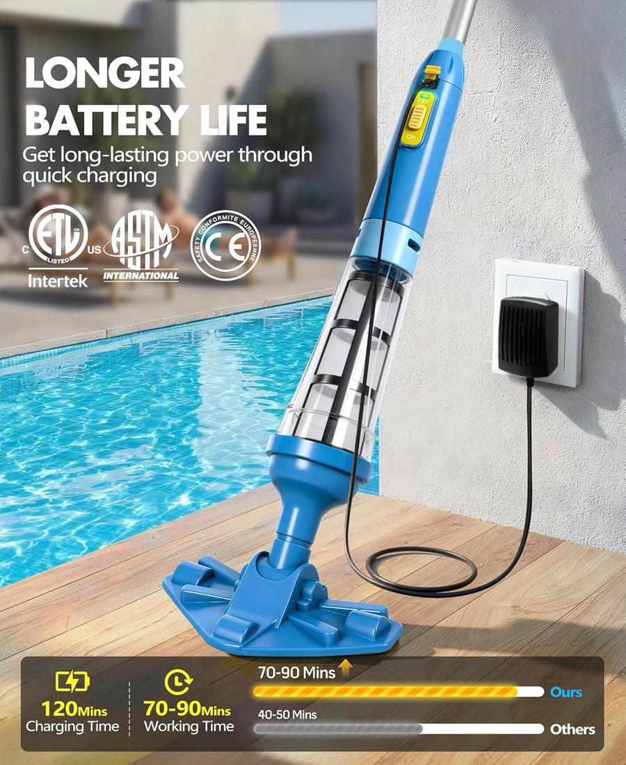 Aspirateur Piscine sans Fil avec Perche Rétractable, 60L/Min Aspirateur Spa Manuel Durée de Fonctionnement Jusqu'à 90 Minutes, 5200mAh Portable Rechargeable Balai Aspirateurs Piscine Hors Sol
