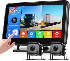 Caméra de Recul 2 Caméras avec Android Mirror LInk, 7 Pouces Moniteur 2 Écran Divisé IP68 Étanche, Vision Nocturne, Loop Video/Ligne Inversée