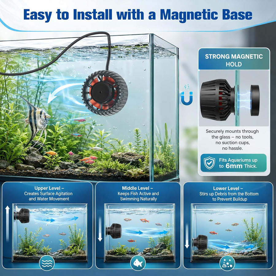 Mini Pompe à Vagues 8000L/H, 10W Pompe de Brassage pour Aquarium Wavemaker avec 4 Modes et 10 Niveaux Réglables, Orientable à 360°, pour Aquarium 70-350L Eau Douce et Salée