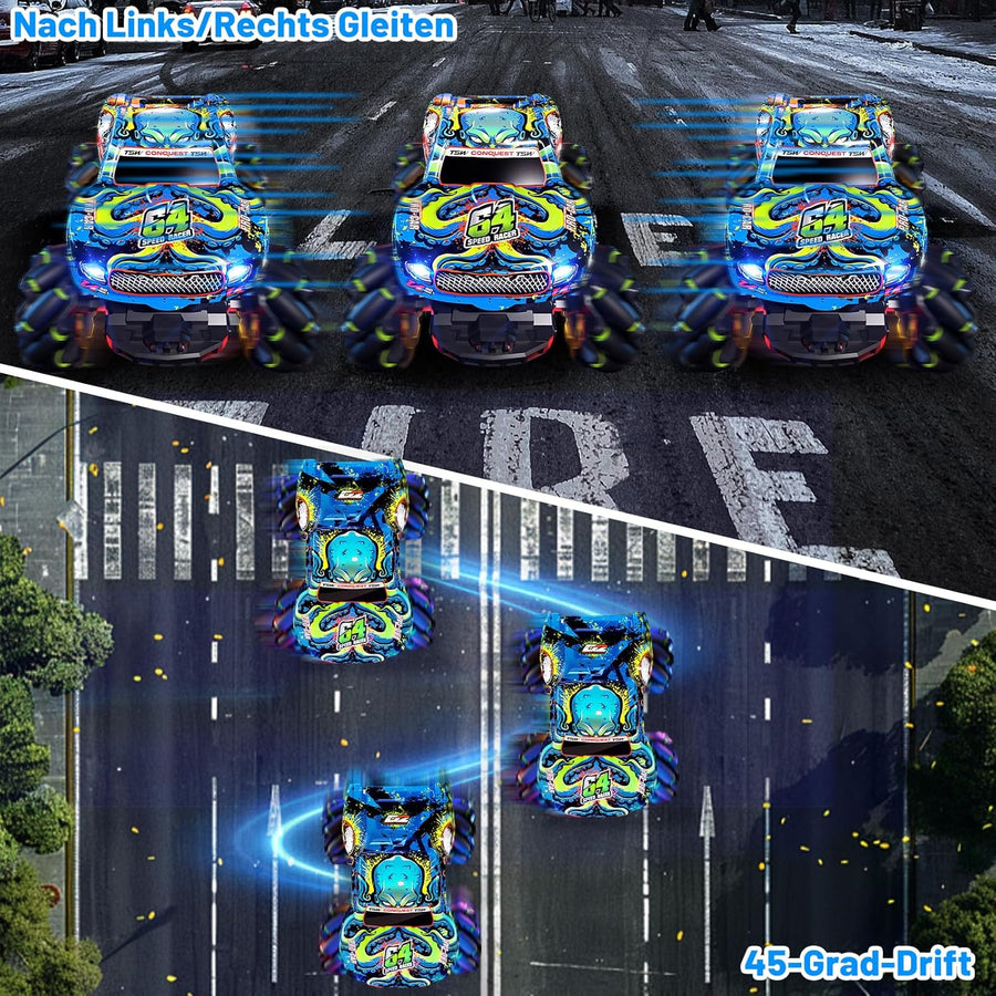 Monster truck télécommandé avec pneus lumineux et musique, 2,4 GHz, rotation à 360 °, camion Monster Truck 1/20 avec 2 batteries 50 min d'autonomie