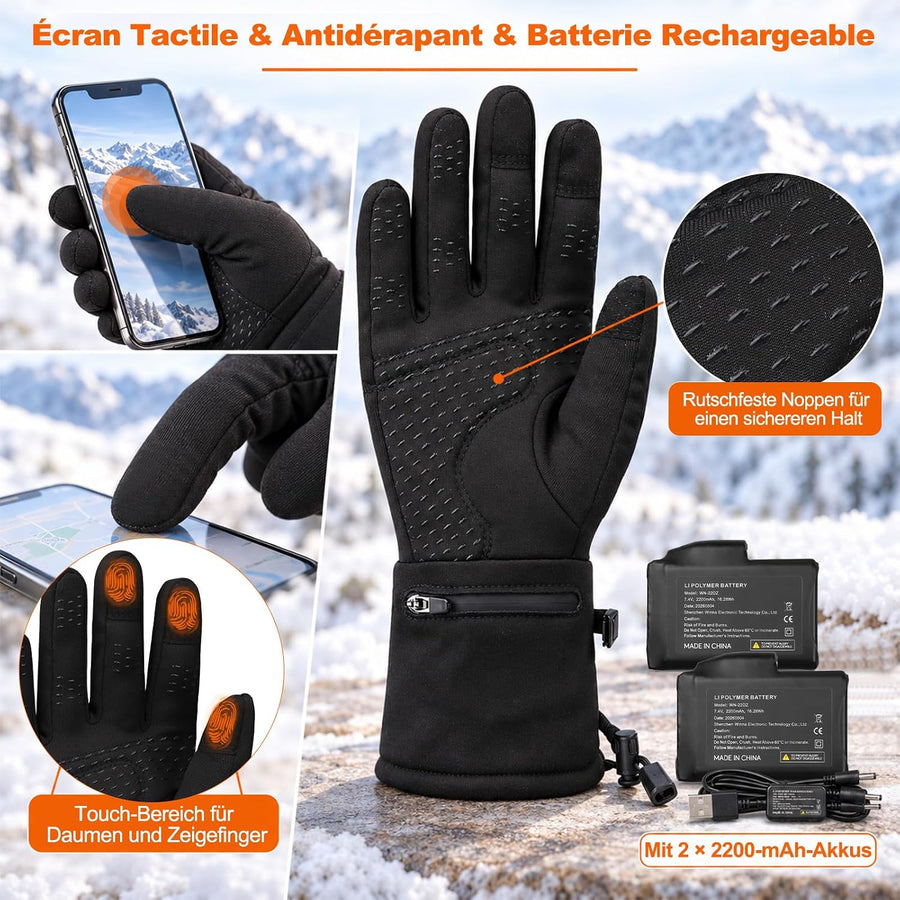 Gants Chauffants Fins Homme Femme Taille L, 2200mAh, LED, Tactile Hiver Gants fins batterie 7,4V, 3 niveaux 40–65°C LED, chauffe 5 doigts + paume + dos, tactile pour ski, vélo, moto, randonnée