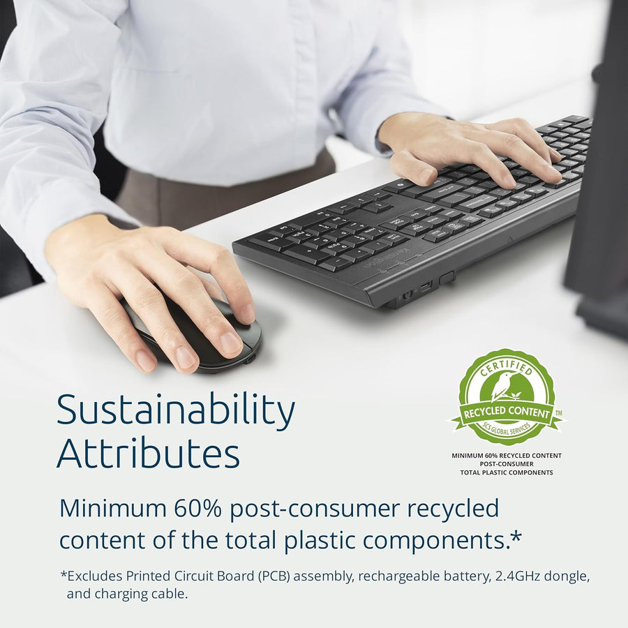 Kensington KM270 EQ Set Clavier sans Fil Rechargeable et Souris silencieuse ambidextre pour PC, 2.4GHz & BT 5.0, résistant aux éclaboussures, AZERTY ISO - NOIR