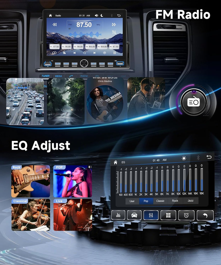 Autoradio 1 Din Touches de Piano avec Carplay Android Auto sans Fil, 7 Pouces IPS HD Écran Tactile Poste Radio Voiture Soutien Bluetooth Radio FM EQ USB/Type-C Mirror Link SWC Caméra de Recul