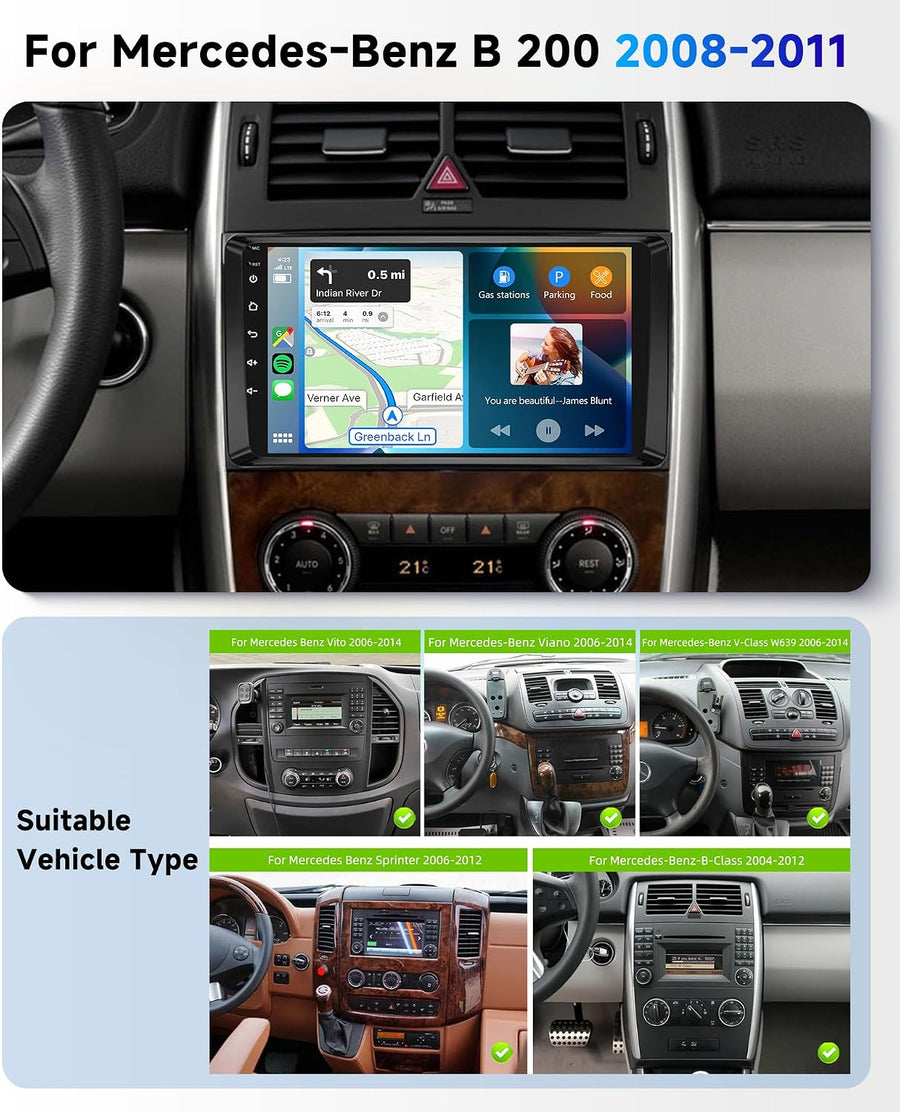 Ecran Carplay 8 Cœurs 4+64G Autoradio pour Mercedes Benz B200 W169 W245 W639 Sprinter Vito Viano avec DSP 5G WiFi Carplay Android Auto, 1280P QLED Écran Tactile Bluetooth 5.1 GPS FM/RDS