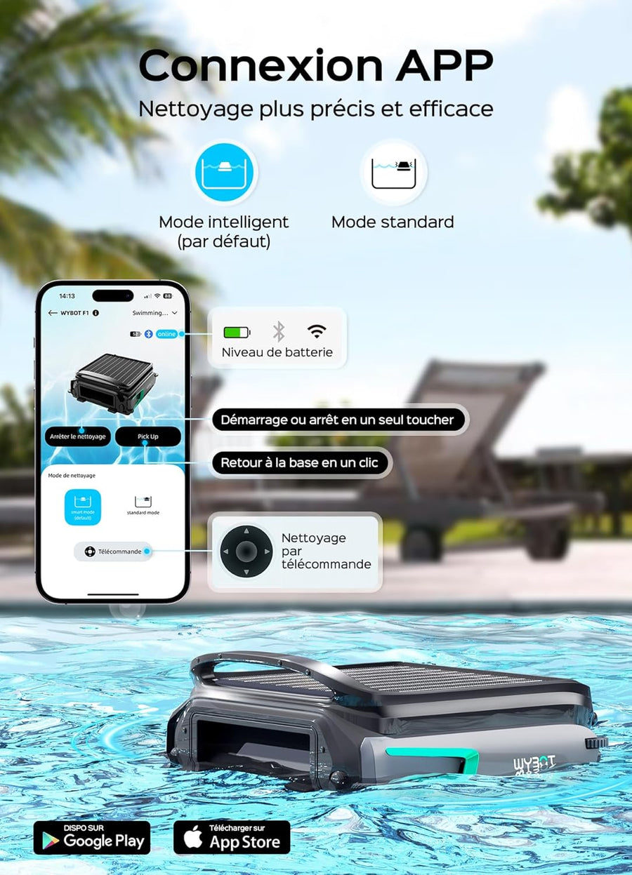 Skimmer WYBOT F1 Piscine Hors Sol Double Énergie (Solaire + Batterie), Nettoie La Surface De L’Eau, Pilotage par App, Fonctionne 24h/24, pour Toutes Piscines – Robot Piscine sans Fil