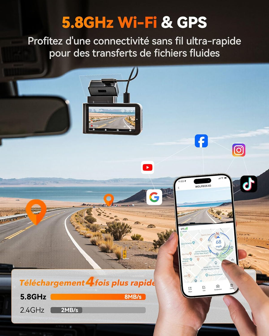 Dashcam Caméra embarquée 2,5 K 60 FPS 2,5 K + 1080P double caméra embarquée pour voiture avant arrière 5,8 GHz intégrée WiFi & GPS Carte 64 Go Écran tactile Capteur G Enregistrement