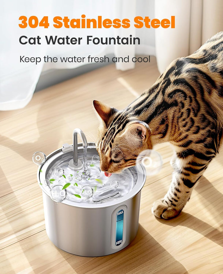 Fontaine à Eau Chat Acier Inoxydable 2L Silencieuse Fenêtre de Niveau 3 Filtres Lumière LED Compatible Lave-Vaisselle