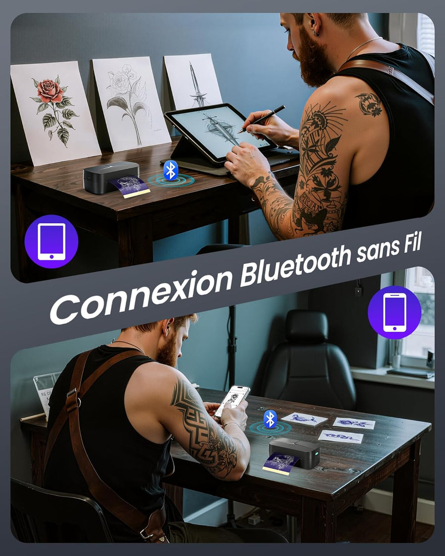 Mini Thermocopieur Tatouage pour Les Bras, Livré Avec 30 Feuilles de Papier Transfert 80x133 mm Idéal pour Les Petits Projets Créatifs, Imprimante Tatouage Bluetooth Compatible iPhone et iPad