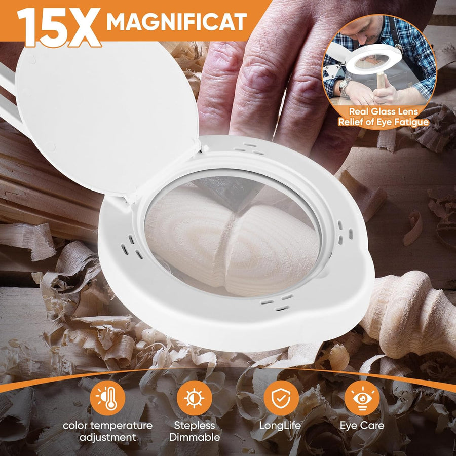 Lampe Loupe 15X, 2-in-1 Lampe de Bureau Loupe Eclairante avec Base et Pince, 5 Modes de Couleur, Gradation en continu, Lampe Loupe LED avec Rotation à 360° Bras Pivotant