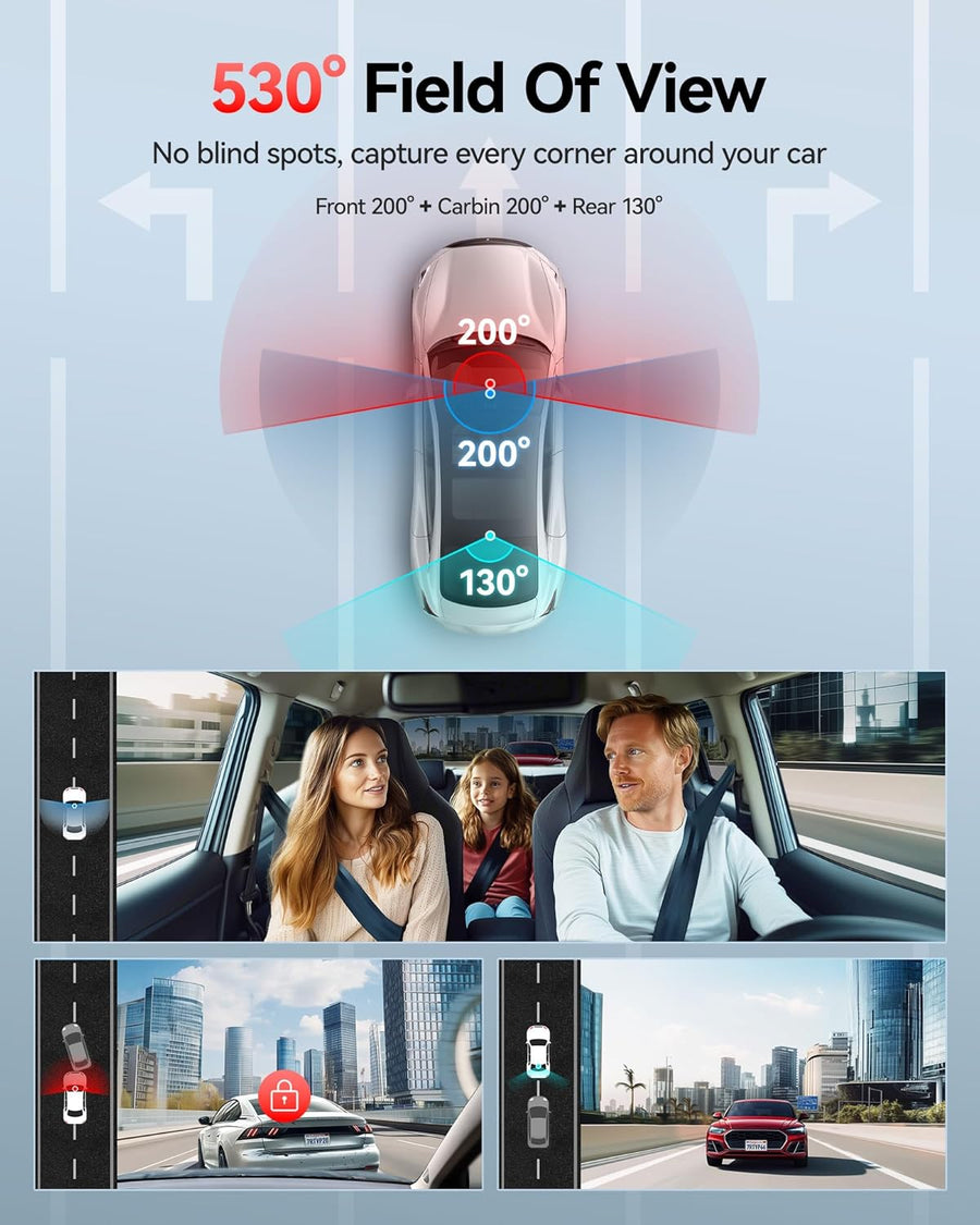 REDTIGER 530° Dashcam Voiture 3 Canaux,Caméra pour Voiture 2,5K+2,5K+1080P avec Carte 128 Go, Vision Nocturne IR, Écran Tactile, Dashcam pour Avant,Inclus WiFi GPS, Mode Parking 24H