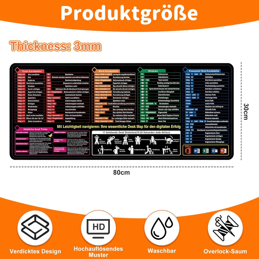 Grand tapis de souris - Ecriture allemand - Raccourcis clavier - Bureau Travail 30x79cm