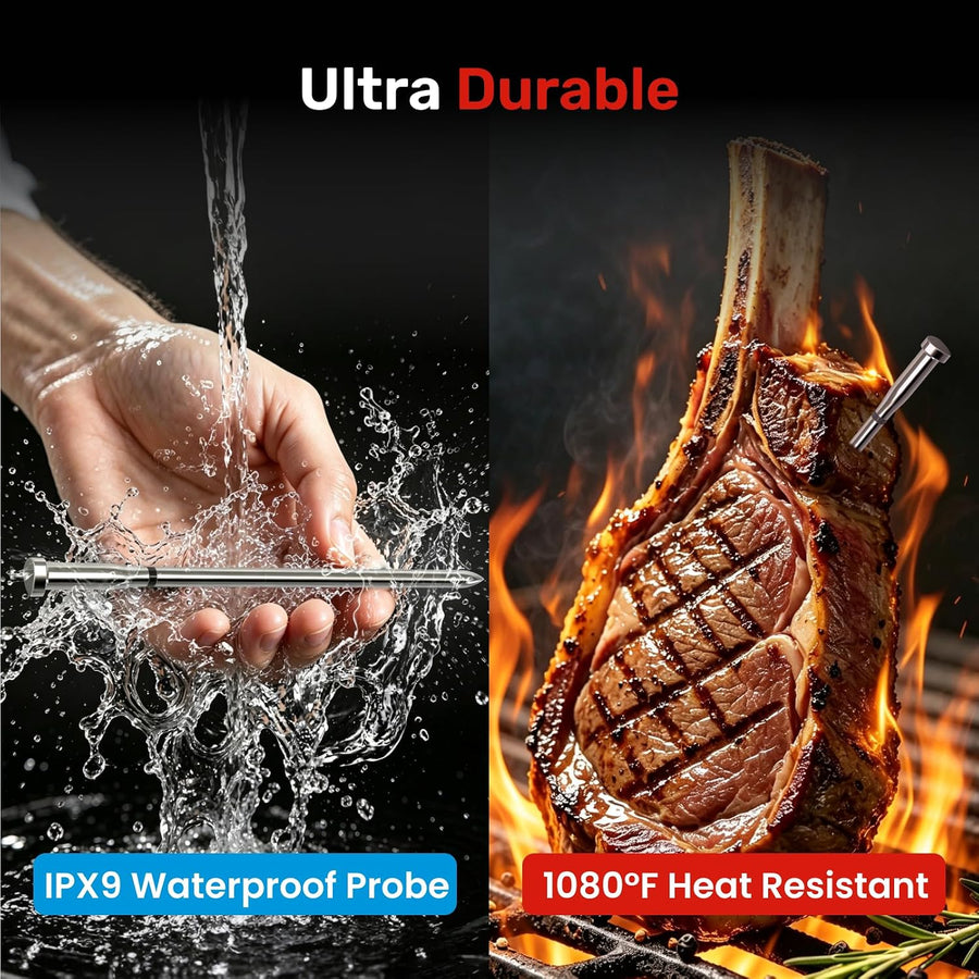 Thermomètre à Viande S Pro 2026 Sans Fil avec Wi-Fi & Bluetooth 5.4 6 Capteurs ±0,1°C Précision, Écran LED, Sonde ultra-fine IPX9 pour grill, sous-vide, fumoir et friteuse sans huile