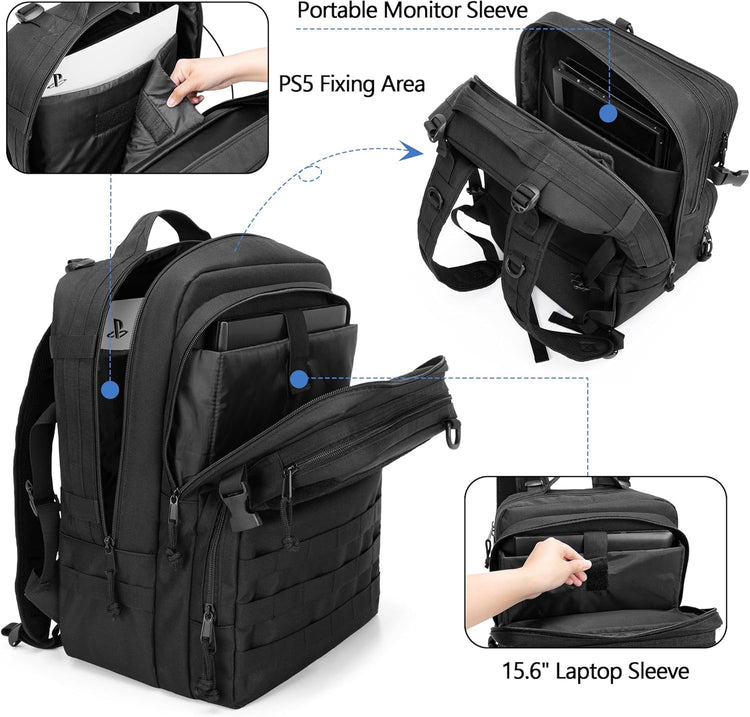 Sac à Dos de Jeu Tactique Compatible avec Console PS5/PS5 Slim/PS4, Sac de Rangement pour Ordinateur Portable 15,6", Moniteur Portable, Manette, Casque et Autres Accessoires de Jeu