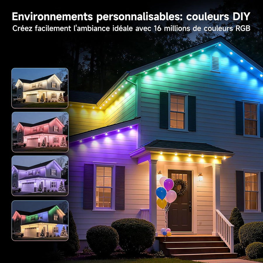 Éclairage Extérieur Permanent 30M Light RGBCW (2700K-6500K) Guirlande Lumineuse Intelligente pour les Fêtes de Jardin de Décoration de Noël et l'éclairage Quotidien IP67 Blanc