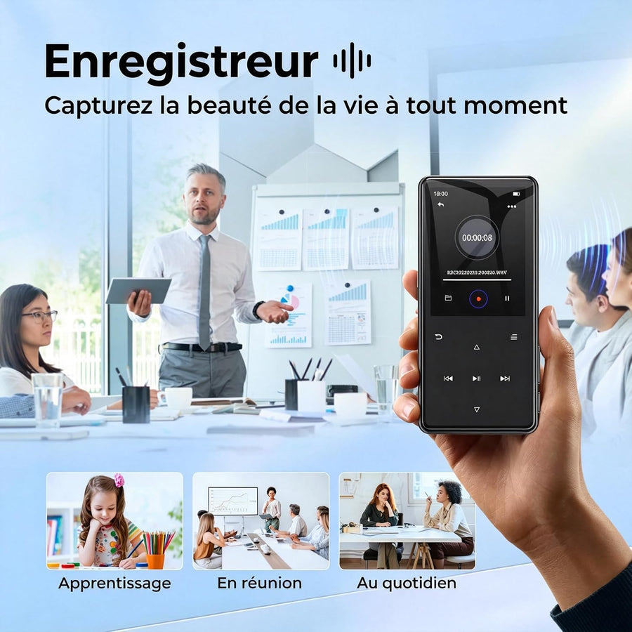 Lecteur MP3 64Go avec Bluetooth 5.3, Haut-Parleur intégré, Écran 2,4 Pouces Avec radio FM, enregistreur,Cadre central en métal,boutons tactiles, compatible avec les cartes mémoire jusqu'à 128 Go