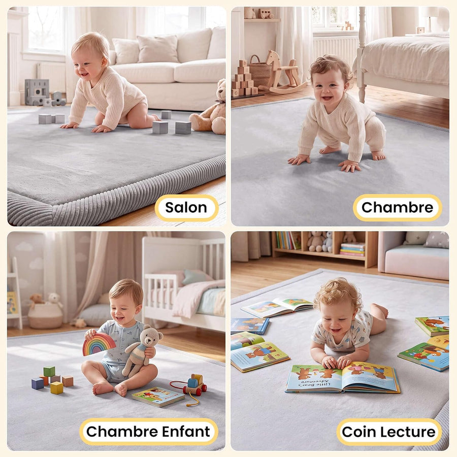 Tapis D’éveil Bébé Velours 120x170cm, Épais et Doux, 3,5cm Tapis Bébé Épais Tapis de Jeux Bébé avec Protection Anti-Choc Dessous Antidérapant, Oeko-Tex 100, Facile à Nettoyer,pour Jouer et Ramper, Gris